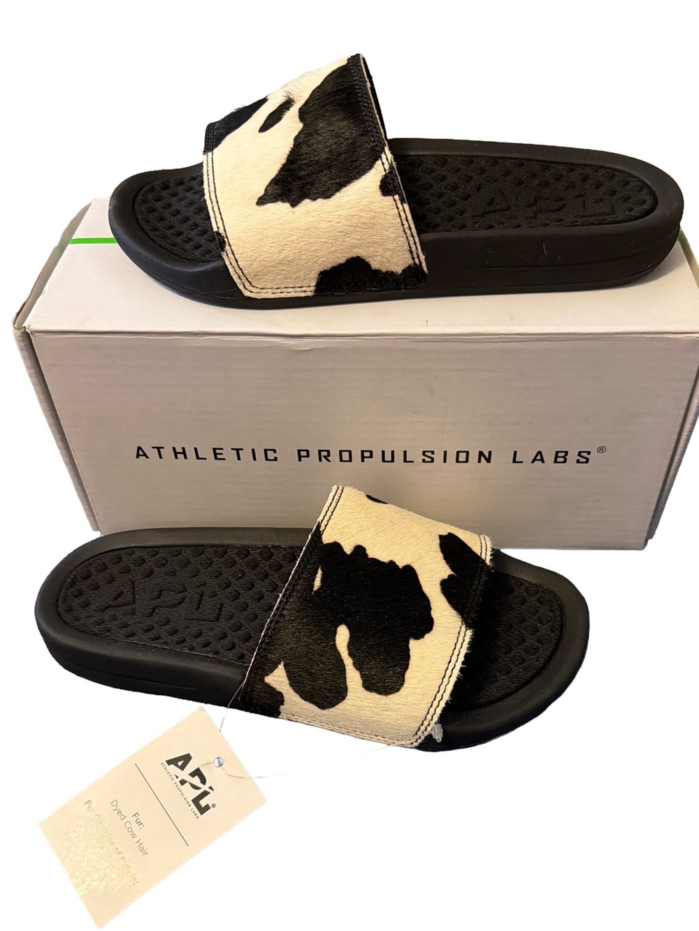 APL Iconic Slide Black White Cow Print Fur Trim Slide, Women’s Size 5, NWT